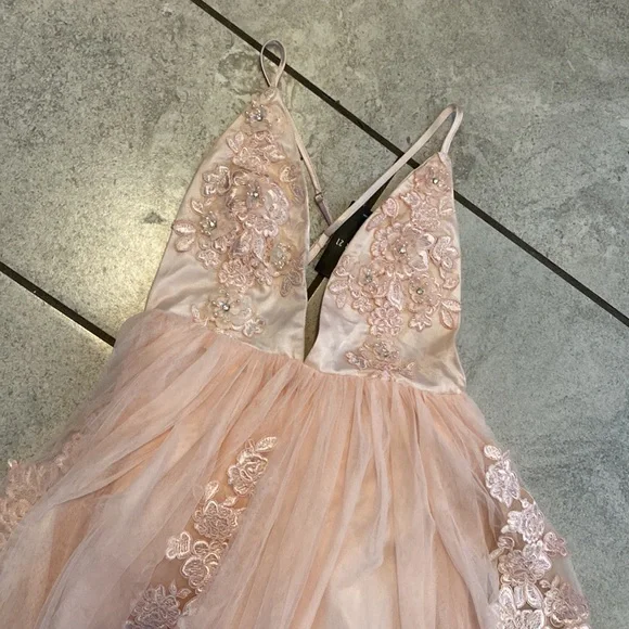 Blush Pink Long Tulle & Lace Dress - Picture 2 of 9